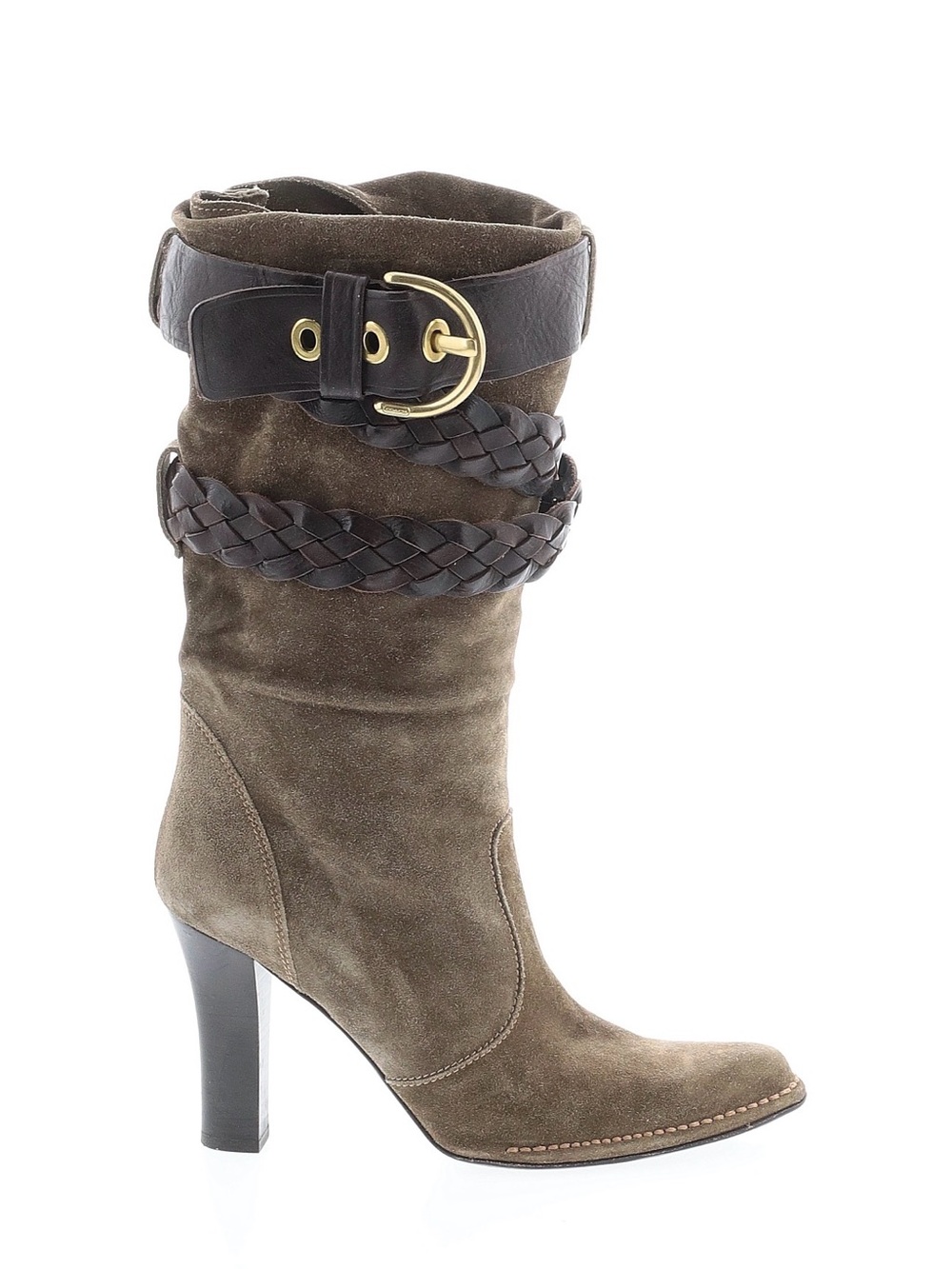 Coach Olive Suede Mid-Calf Heeled Boot with Braided Trim